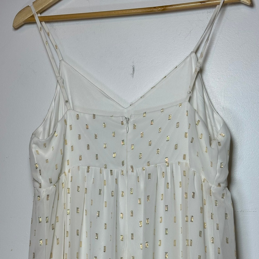 Express Tiered Maxi Dress Womens White Gold Metallic Foil‎ Clip Dot Boho Medium - Picture 9 of 14